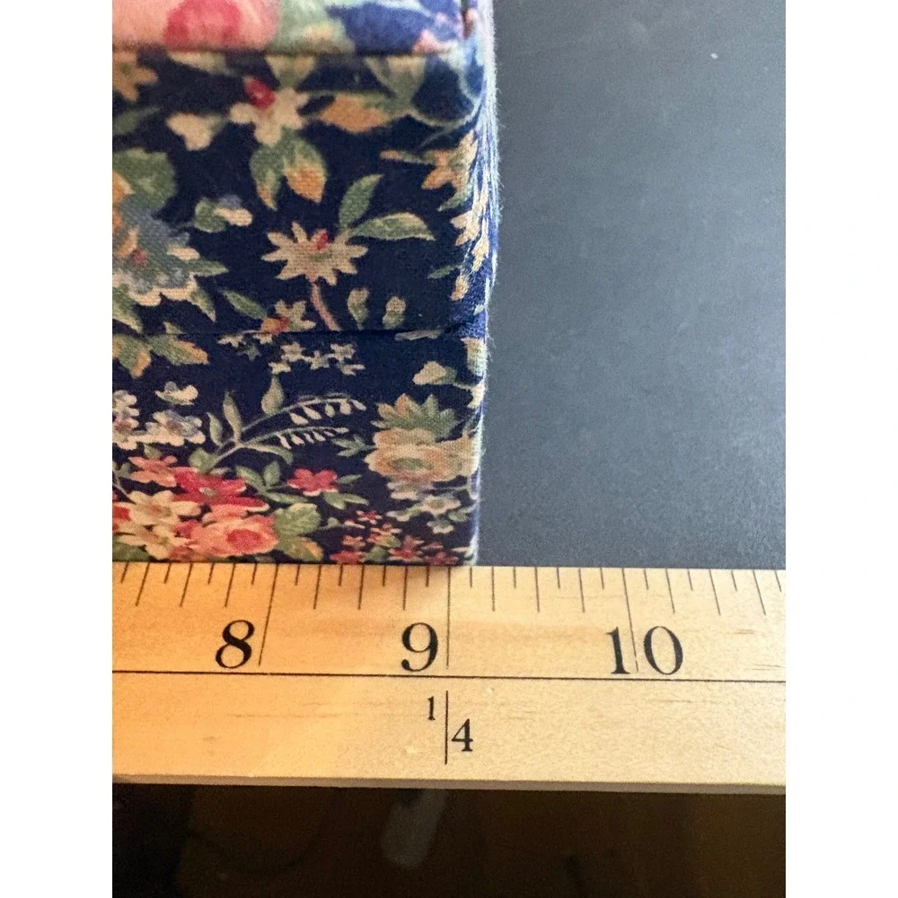 Vintage Floral Chintz Fabric Jewelry Box Navy Blue Mirror Organizer Tray